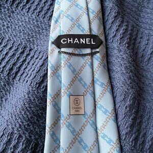Chanel Light Blue Satin Silk Tie with CC Logo